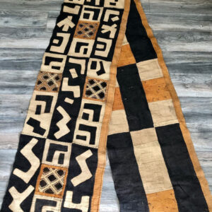 Long African Kuba Cloth, Kuba rug, Raffia Textile, Beige, Black & Orange colors, African textile from Congo, kuba art textile, tribal rug